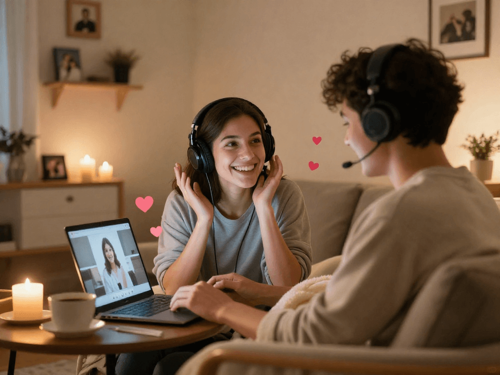 Couple enjoying ai porn chat in cozy home settings, laptop interactions filled with heart emojis.