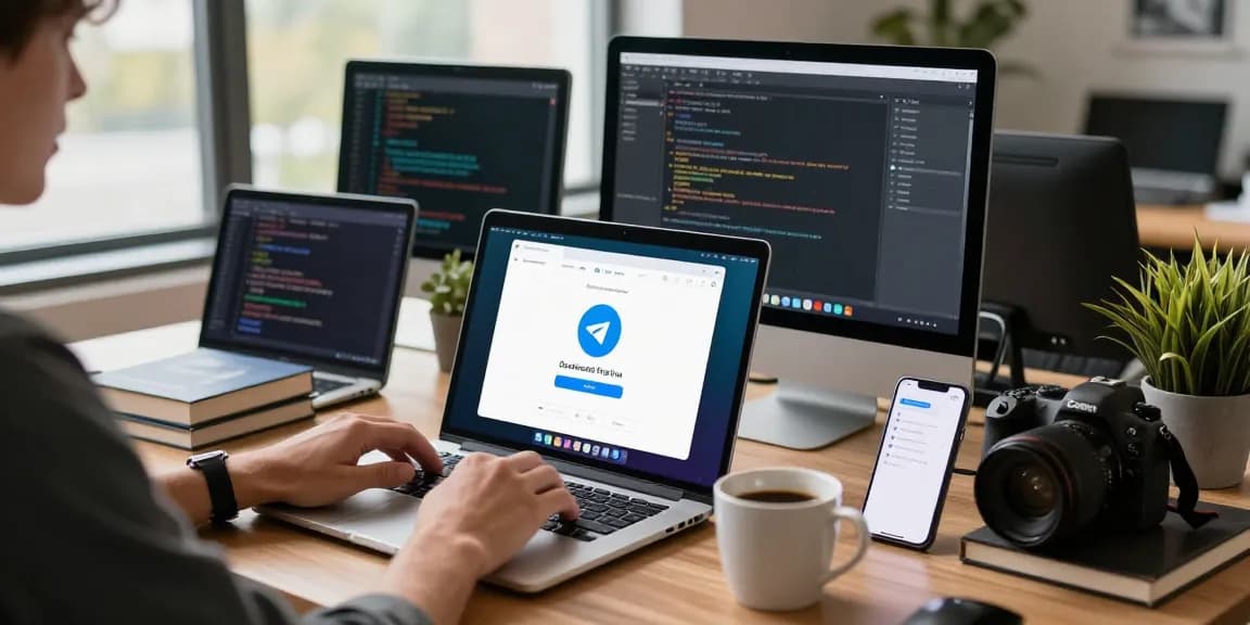 Telegram下载 app demonstration in a modern workspace featuring multiple devices, showcasing a productive tech environment.