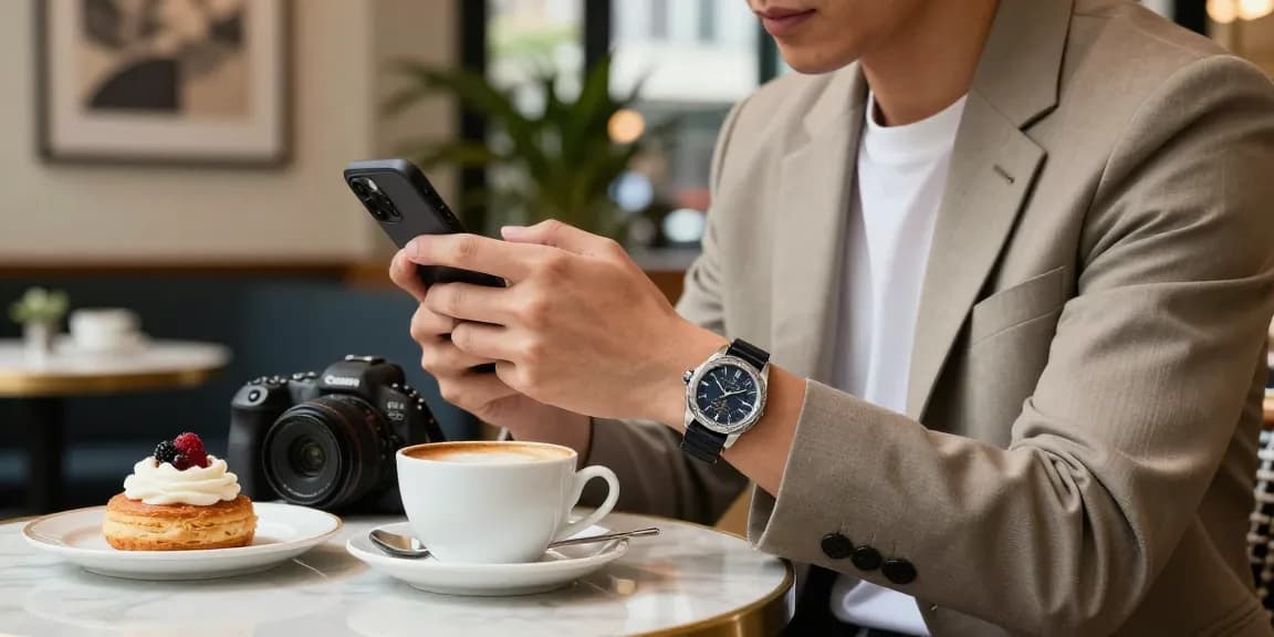 Stylish individual displaying premium clone watches at café, showcasing luxury and sophistication.