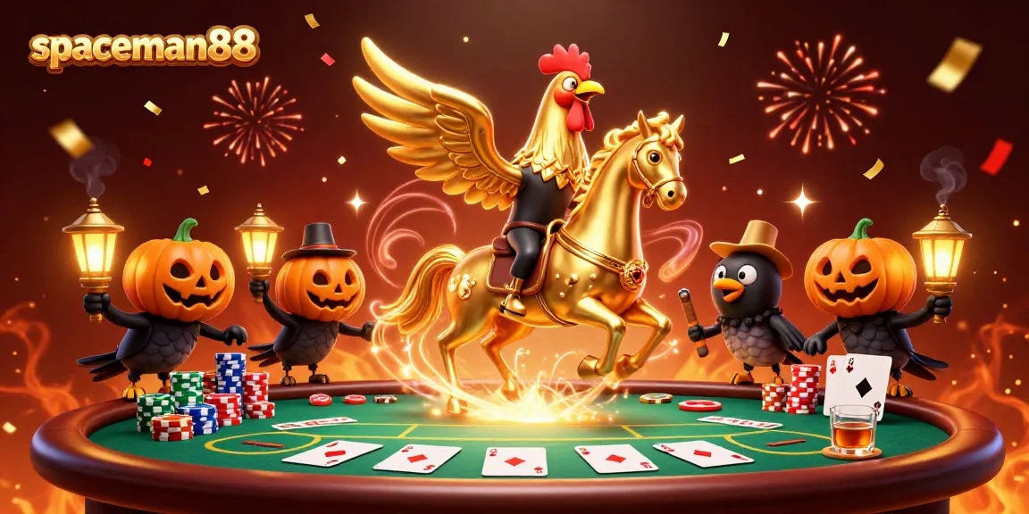 Spaceman88 engages players in a vibrant midnight casino with poker elements and festive lights.