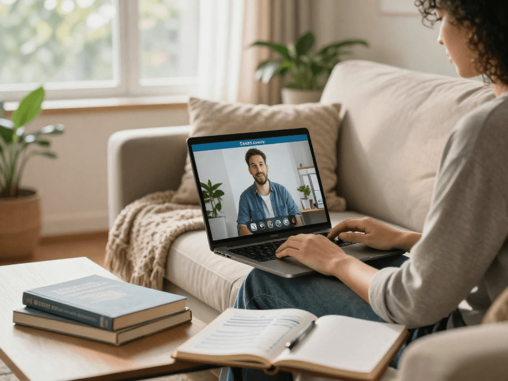 Individual engaging in a virtual consultation for consolidation services in a cozy living room, illustrating proactive financial planning.