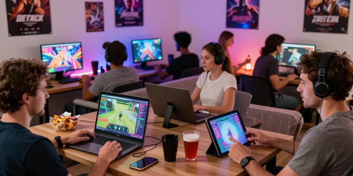 Engaged players enjoying a porngame on laptops and mobiles in a vibrant setting.