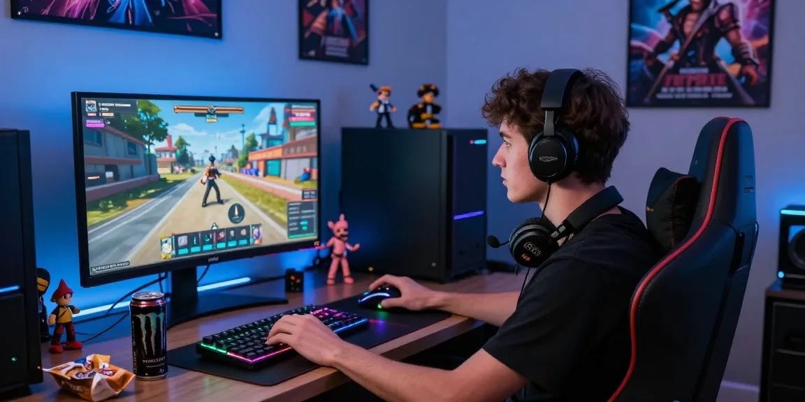 Engaging gamer enjoying a 3d porn game in a vibrant gaming room.