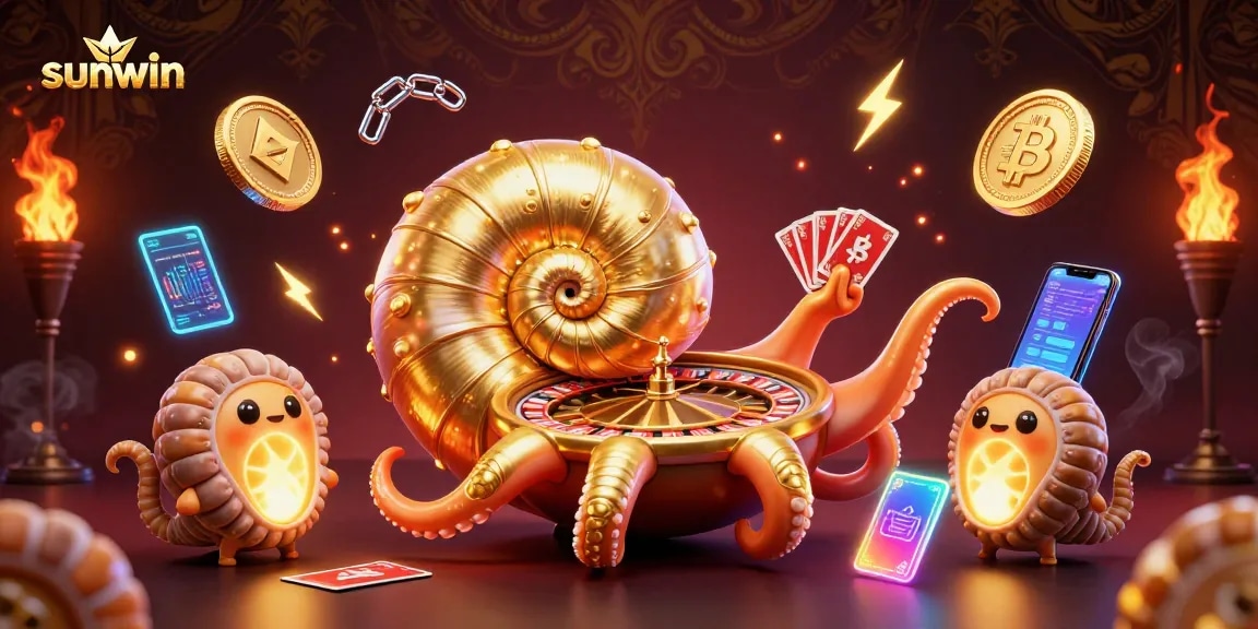 Engage with sunwin's thrilling atmosphere in a vibrant casino scene featuring a nautilus roulette wheel.