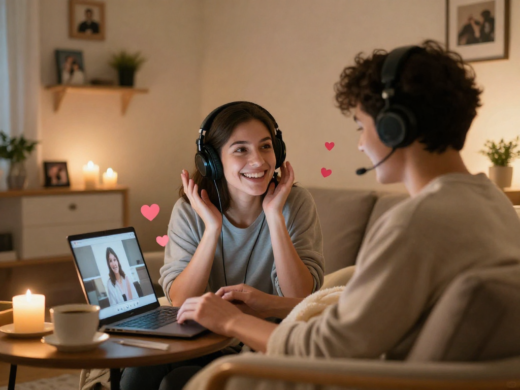 Couple enjoying ai porn chat in cozy home settings, laptop interactions filled with heart emojis.