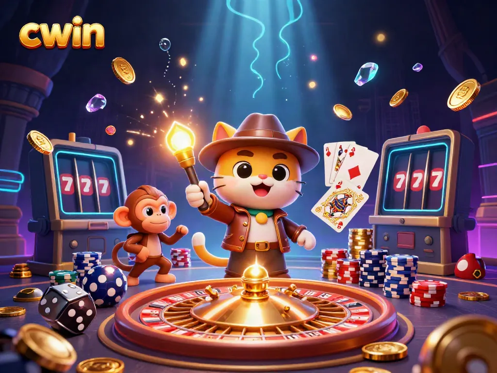 Experience the thrill of cwin in this vibrant 3D scene, as cartoon characters explore a glittering casino.