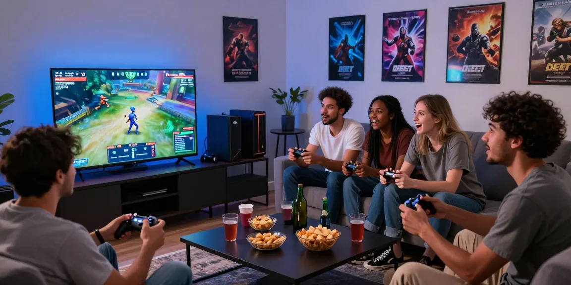 Engaging DEBET gaming session with friends in modern living room atmosphere, highlighting excitement and social interaction.