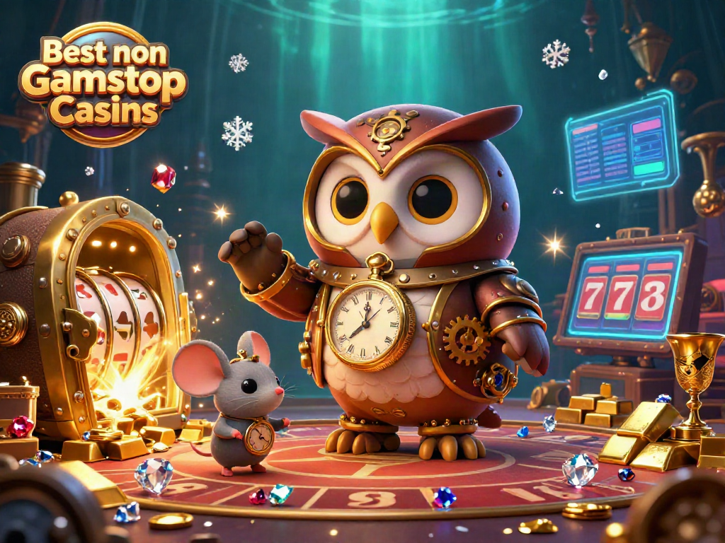 Experience the thrill of betting at the Best non Gamstop Casinos, illustrated with dynamic characters and vibrant game elements.