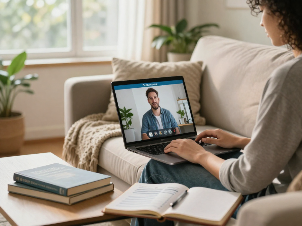 Individual engaging in a virtual consultation for consolidation services in a cozy living room, illustrating proactive financial planning.