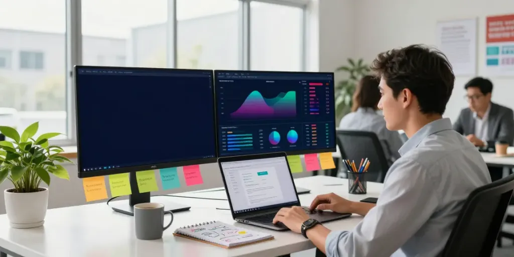 SEO expert analyzing instant indexing strategies in a vibrant office.