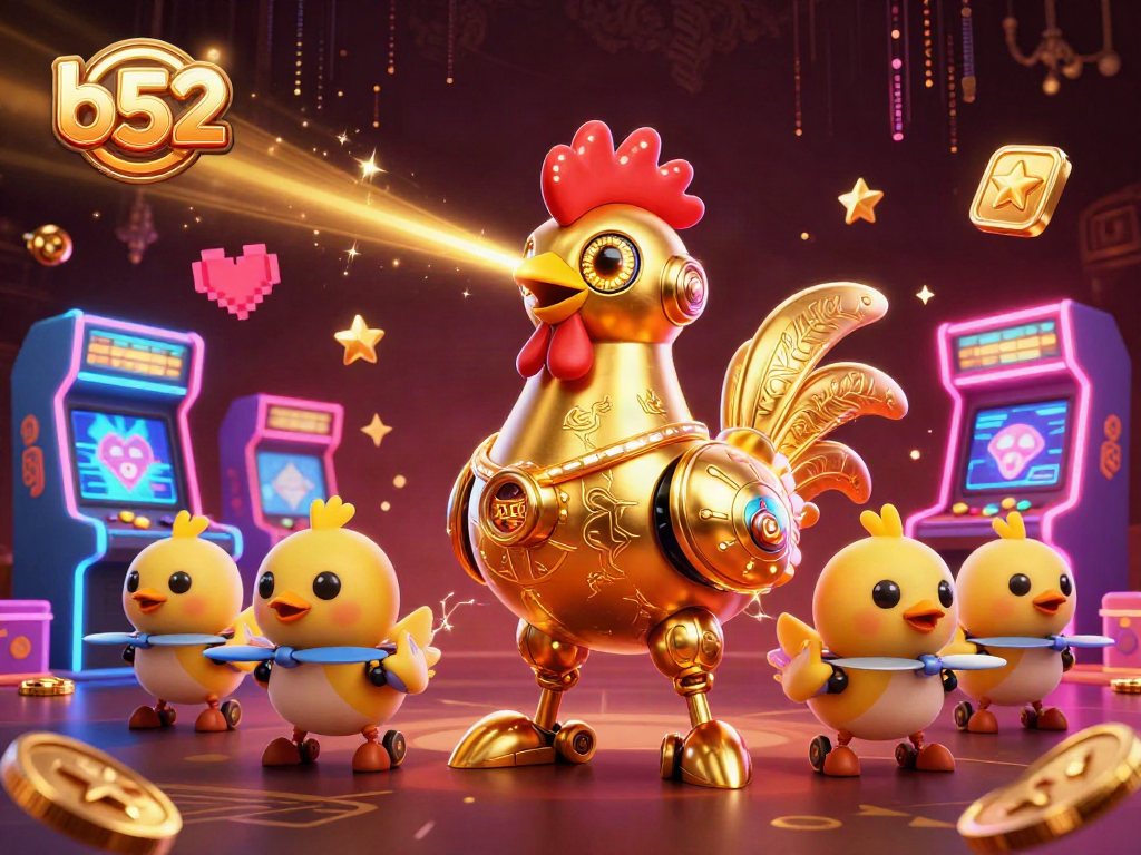 B52-themed casino scene featuring a golden rooster robot and baby chick drones amid vibrant arcade game elements.