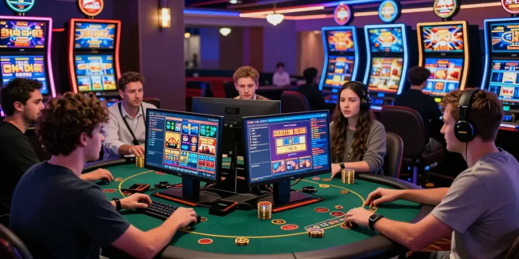 Players engaged in online gaming at https://tx88bet.vip/ with vibrant visuals and interactive slot machines.