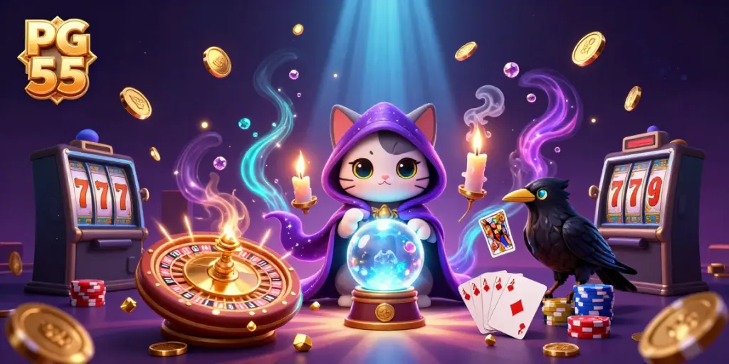 Experience thrilling games at PG 55 with mystic cat fortune teller and enchanting casino elements.