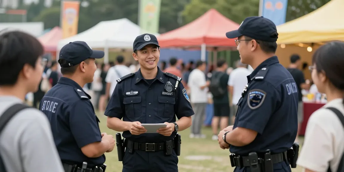 Professional Security Guards providing careful monitoring and assistance at a busy local event.
