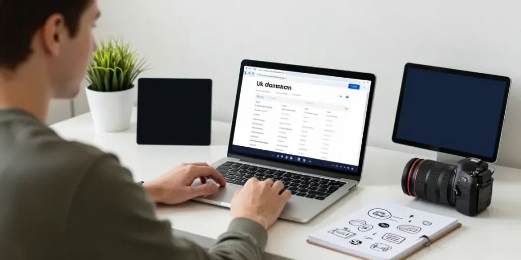 .uk domain registration process with a user-friendly interface on a laptop in a professional workspace.