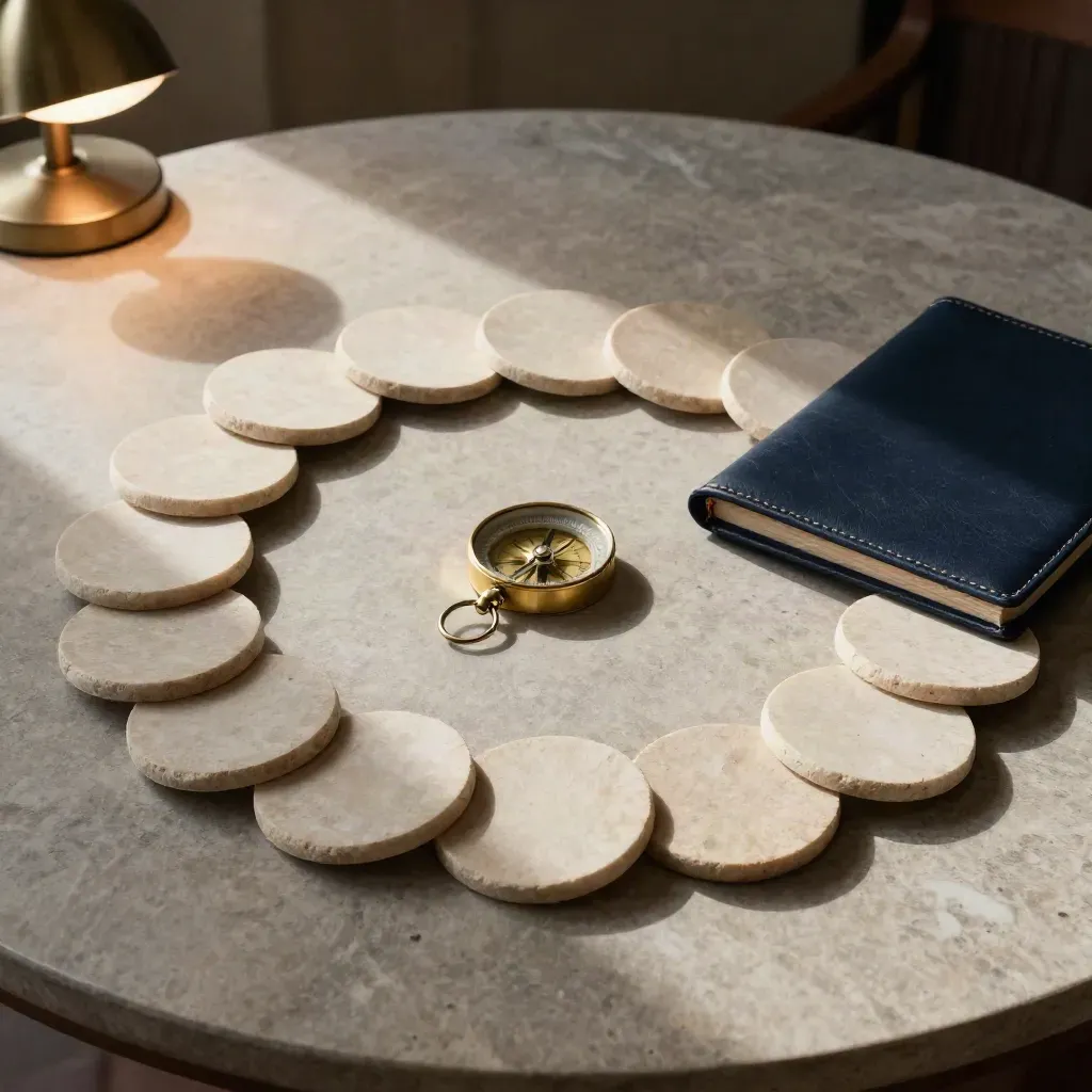 Stone planning ring with brass compass and leather folio in warm window light