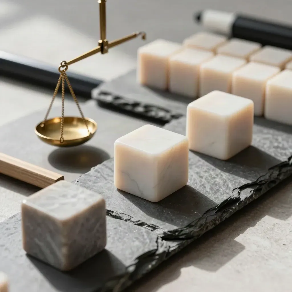 Macro still life of slate, ivory and stone asset cubes with a brass scale on a slate tray.