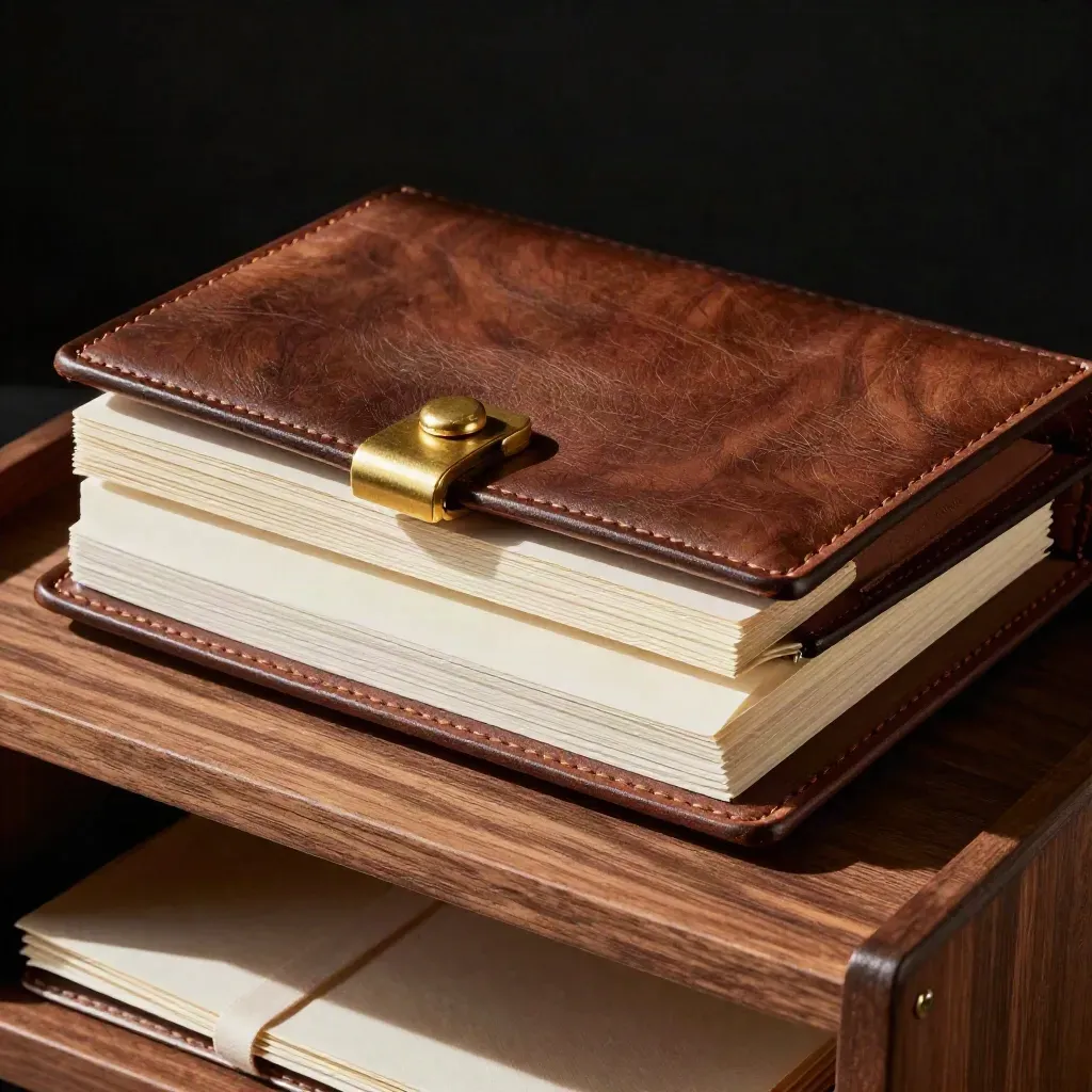Leather investor pack snapped shut with brass clip and ivory dividers on a walnut shelf.