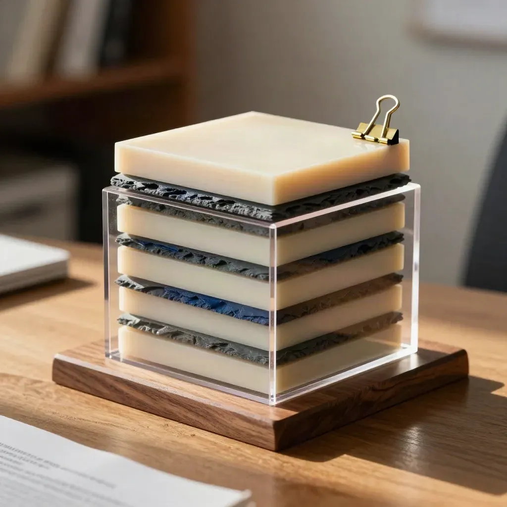 Layered acrylic financial model in cream, slate and navy on warm wood in soft window light.