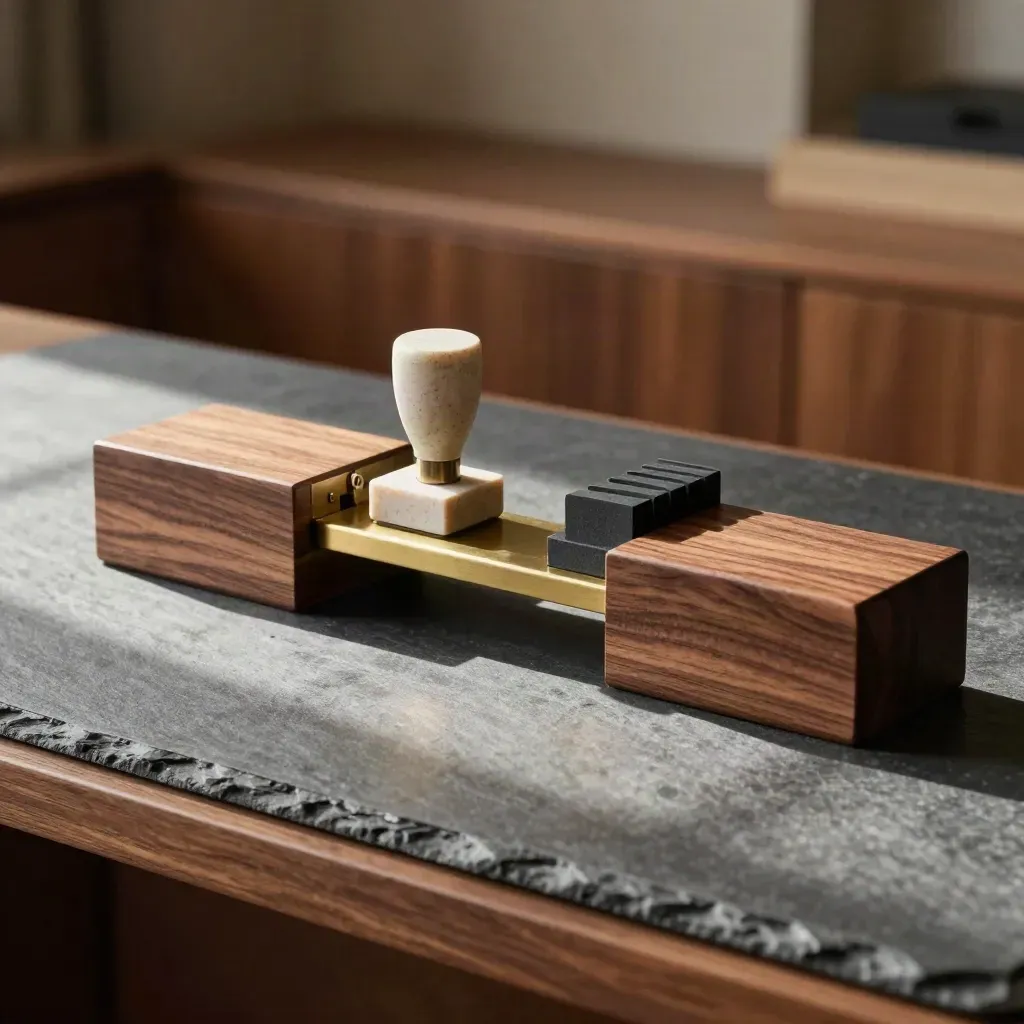 Walnut deal blocks and brass bridge on a slate workbench, lit moody and dramatic