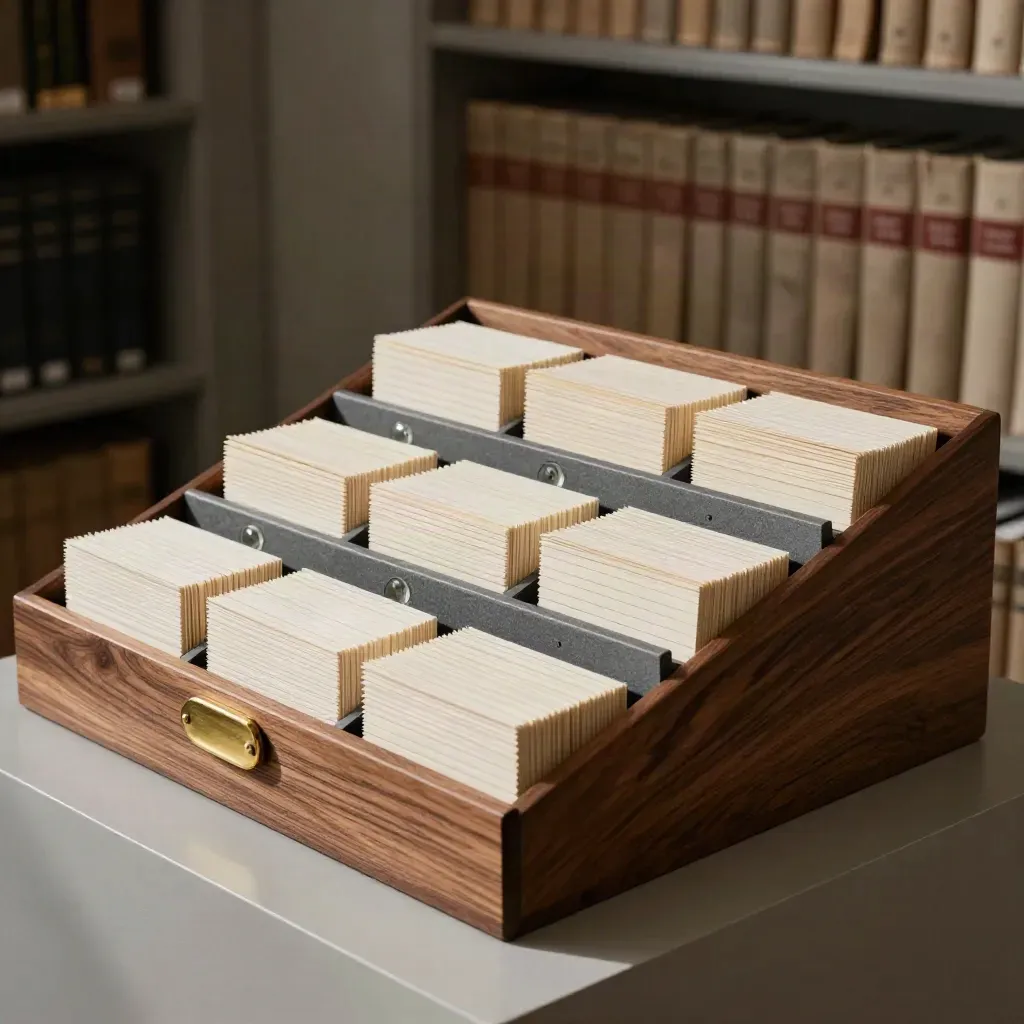 Walnut advisory tray with brass-tabbed buyer list cards in a quiet strategy library.