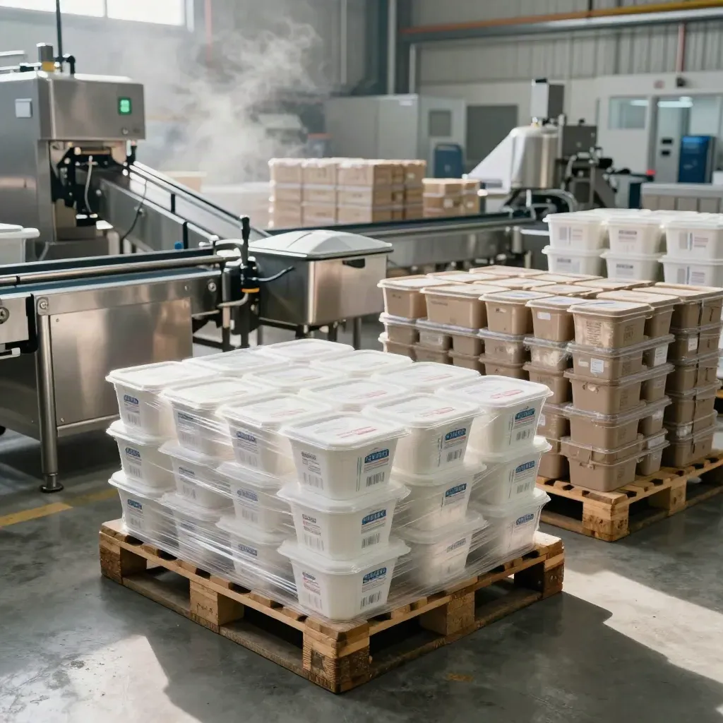 UK food factory floor with sealed cartons, stainless line and dispatch pallets under moody light