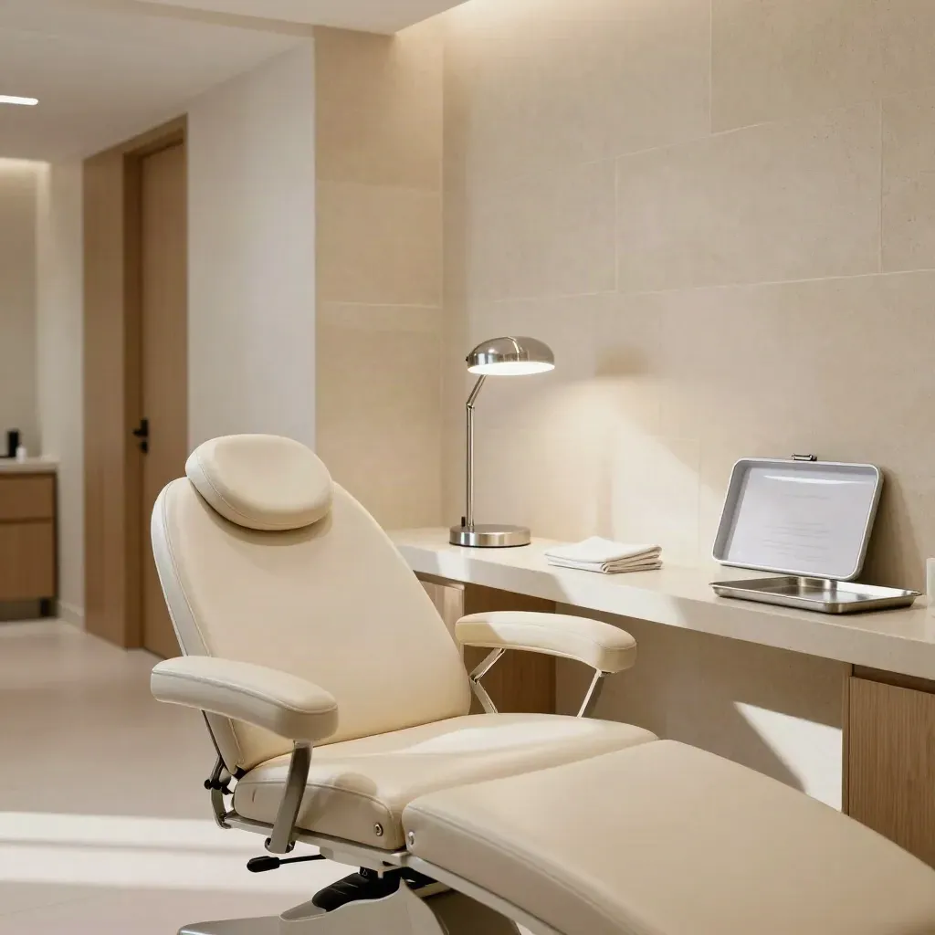 Finished London clinic suite with cream stone, treatment chair, chrome lamp and sealed case.