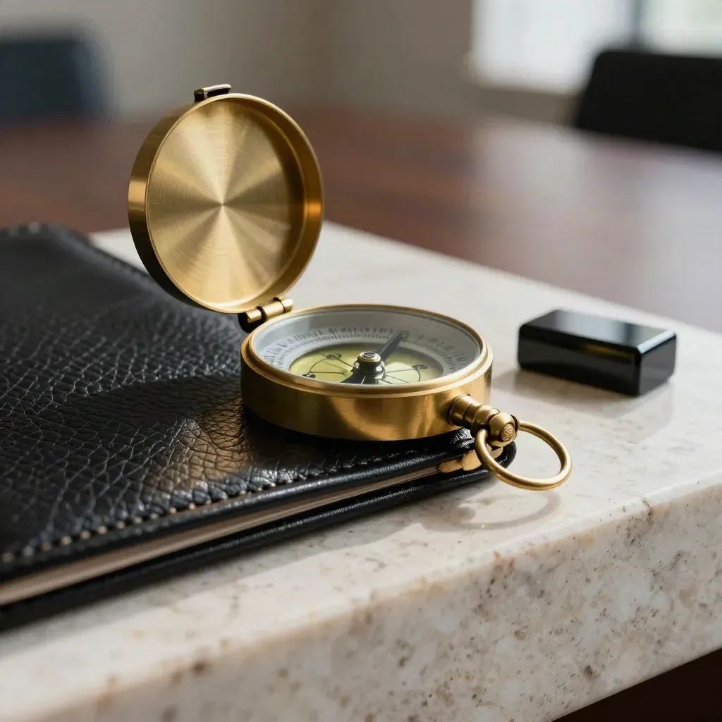 Brass compass on black leather folio clasp beside obsidian paperweight, macro finance still life