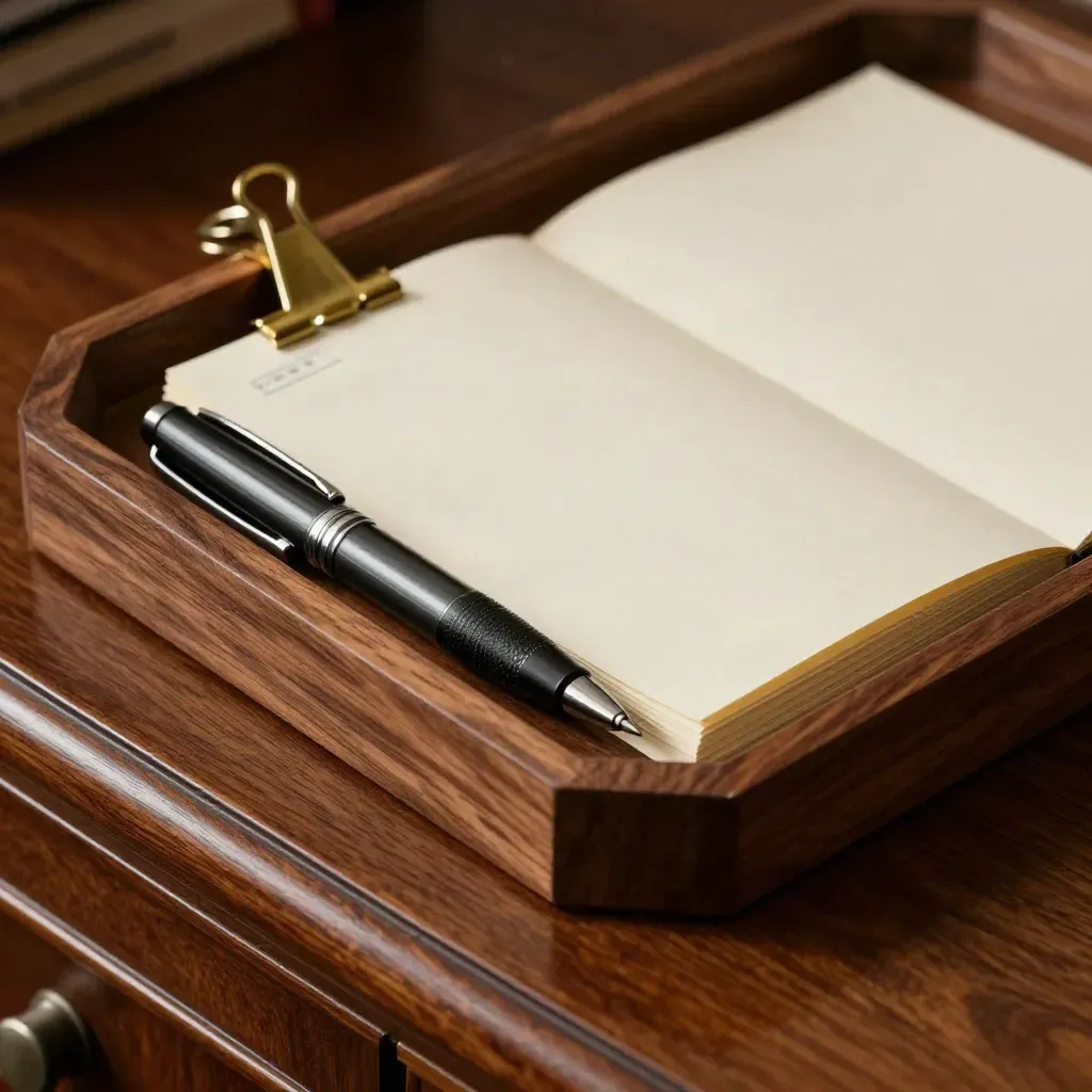 Walnut tray with graphite pen cap, cream card index, and brass page clip in dramatic light