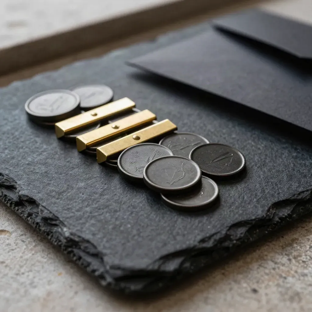 Macro of matte black contact tokens and brass tabs on a dark felt sourcing tray in raking light.