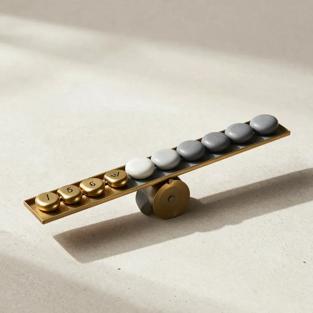 Overhead finance flatlay with brass calculator, balance stones and ceramic counters on concrete.