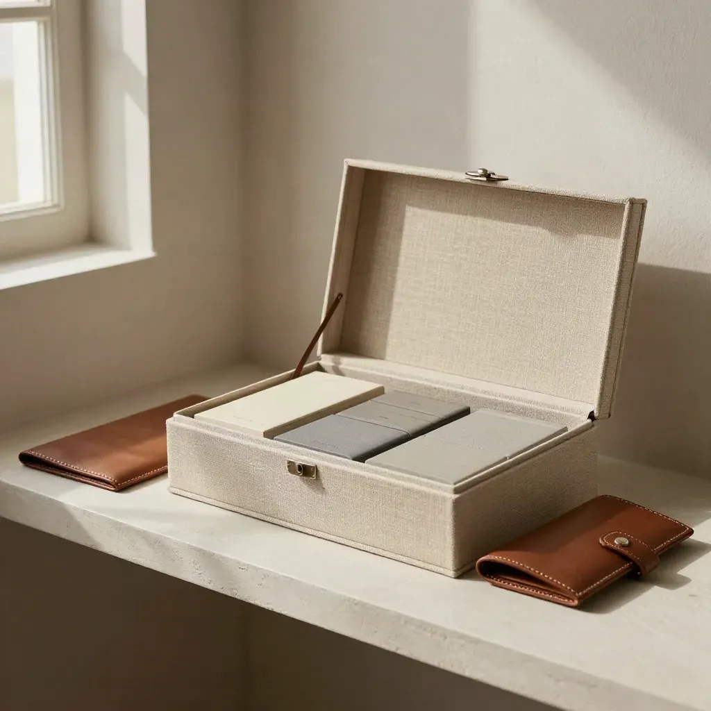 Clamshell presentation box with tabbed inserts and leather sleeve on a pale shelf
