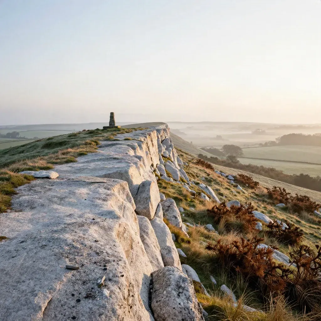 Sunrise over the South Downs with a misty chalk ridge and a distant stone tower above a pale valley