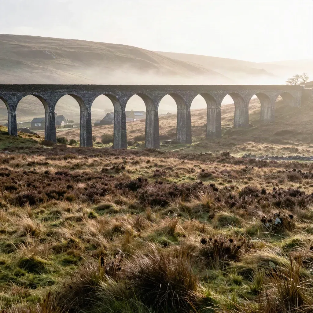 Stone railway viaduct over a misty moor valley with distant slate rooftops