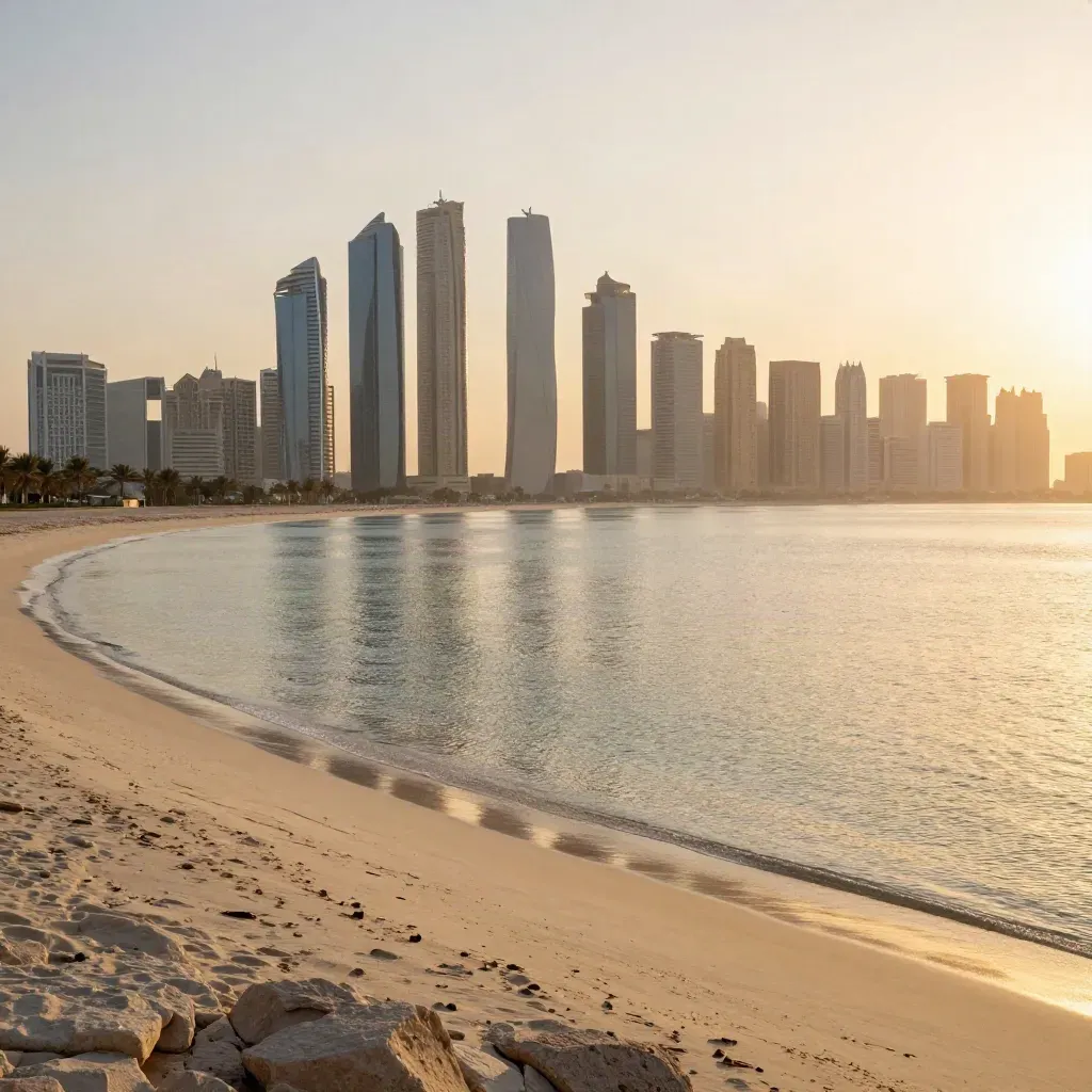 Abu Dhabi skyline over calm gulf water at golden hour with hazy desert-toned shore