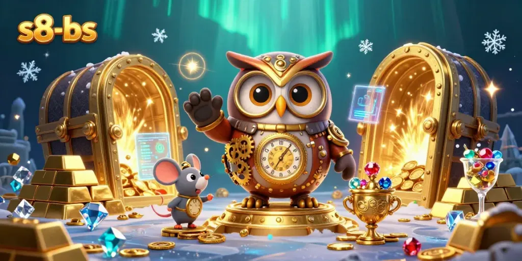 S8-bs powered gaming adventure with a steampunk owl at a vibrant casino scene, showcasing exciting treasures.