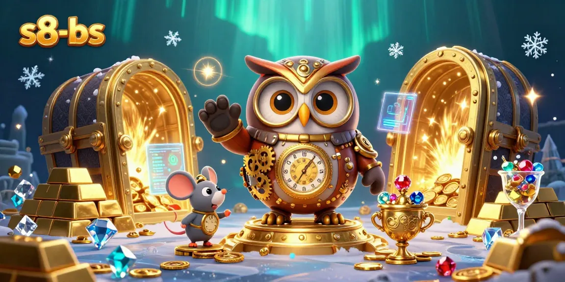 S8-bs powered gaming adventure with a steampunk owl at a vibrant casino scene, showcasing exciting treasures.