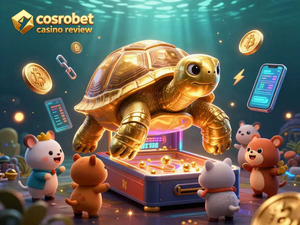 Engage with the exciting Cosmobet casino review featuring a golden tortoise pinball machine amidst crypto elements.