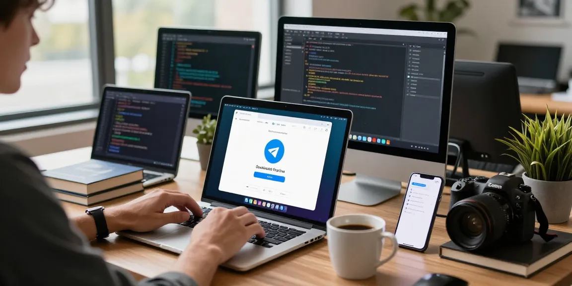 Telegram下载 app demonstration in a modern workspace featuring multiple devices, showcasing a productive tech environment.