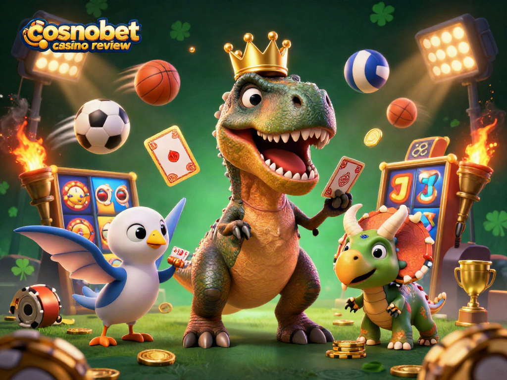 Experience exciting gameplay in this Cosmobet casino review featuring T-Rex and friends in a dynamic casino scene.