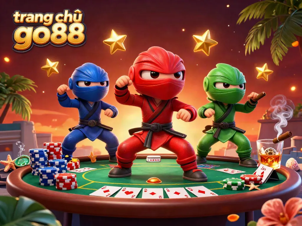 Experience organized gameplay on the trang chủ go88 with dynamic chameleon ninjas showcasing their skills amidst poker elements.