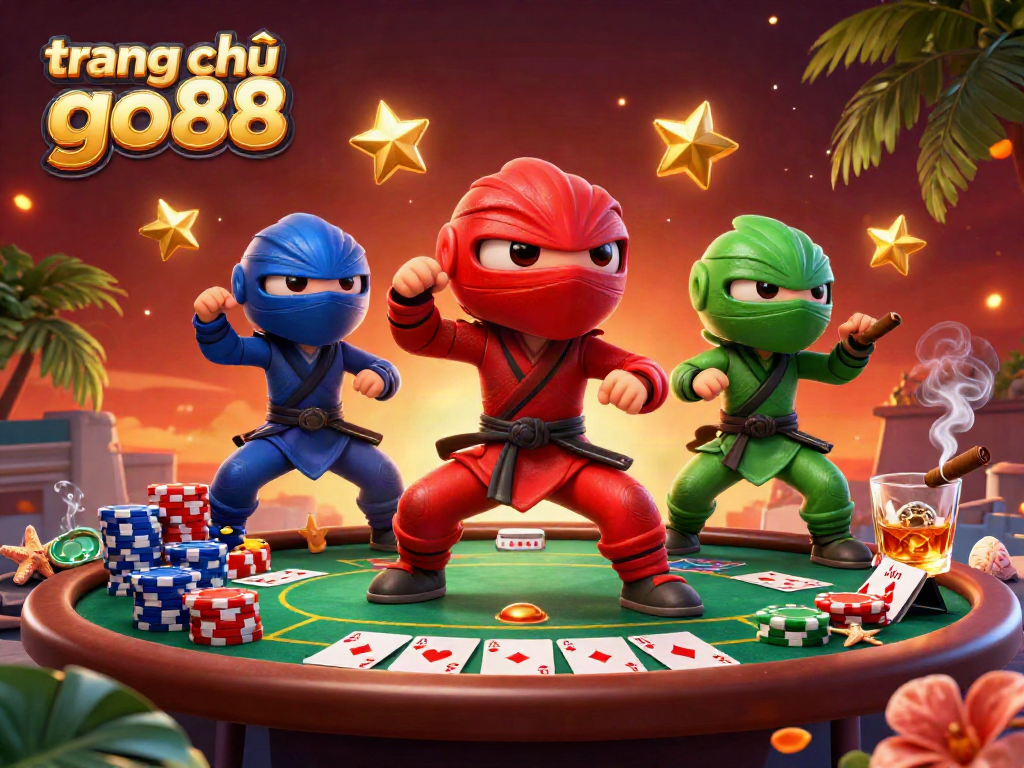 Experience organized gameplay on the trang chủ go88 with dynamic chameleon ninjas showcasing their skills amidst poker elements.