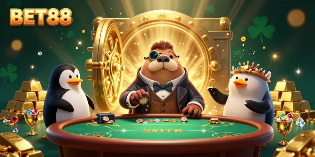Experience the thrilling poker scene at BET88 with a jolly walrus and friends in a vibrant underwater casino.