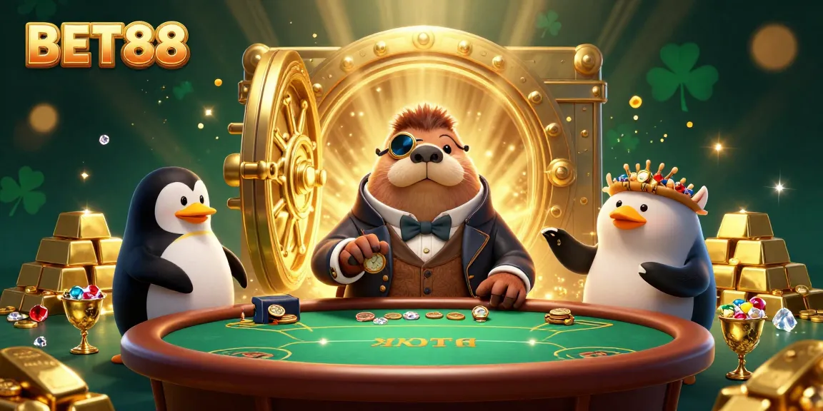 Experience the thrilling poker scene at BET88 with a jolly walrus and friends in a vibrant underwater casino.