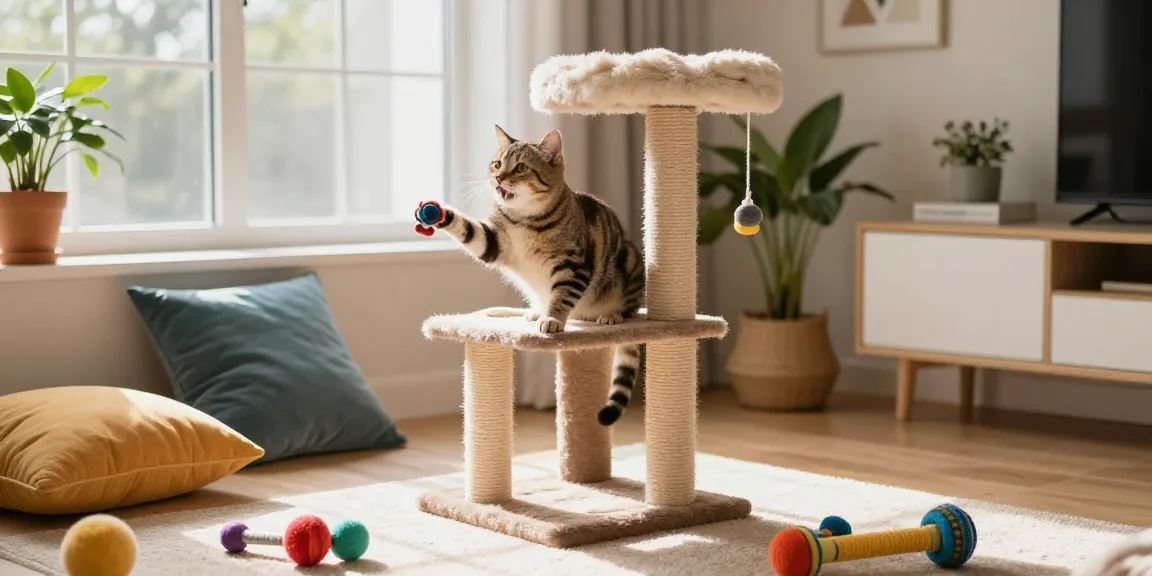 Active tabby cat exploring a vibrant cat tower cat tree in a sunny living room, showcasing playful accessories and a warm atmosphere.