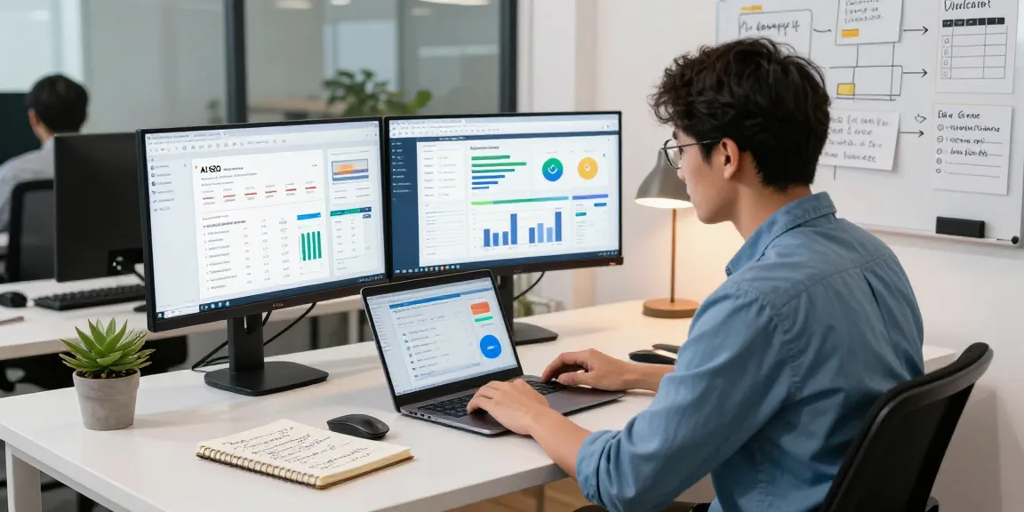 Data analyst using AI SEO tools in a modern office workspace, focused on optimization strategies.