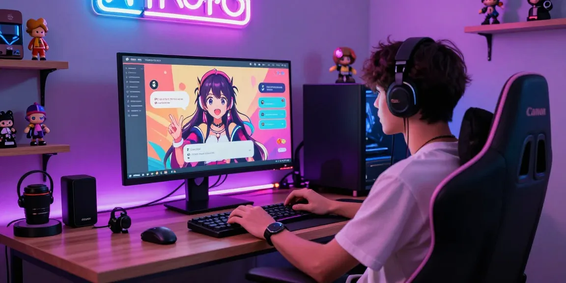 Interactive NSFW AI chat scene with vibrant ecchi AI character on monitor, modern gaming setup.