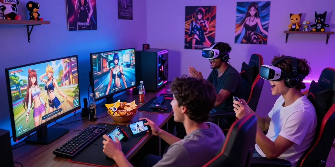 Excited gamers playing a popular hentai game with vibrant lighting and dynamic atmosphere.