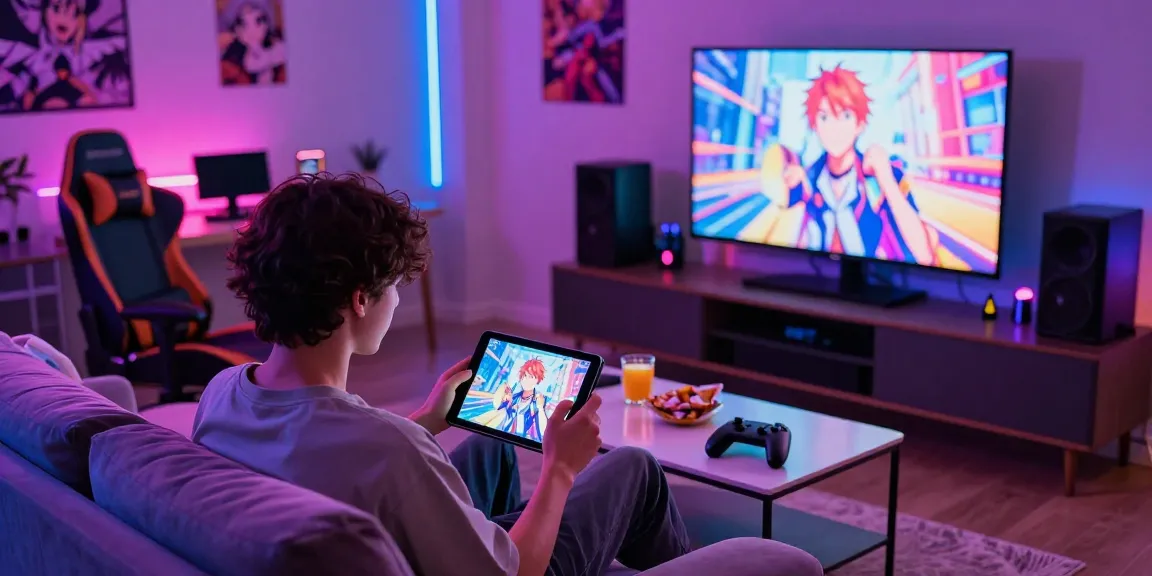 Person enjoying ecchi games on tablet in vibrant gaming lounge.