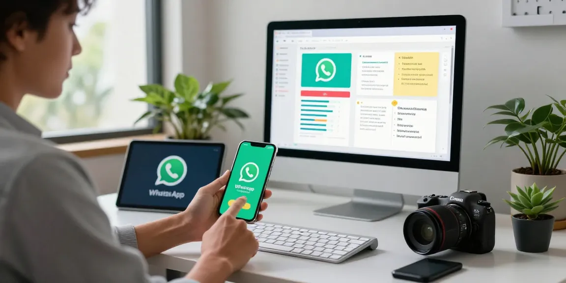 Engaging user exploring WhatsApp下載 on multiple devices in a modern tech workspace.